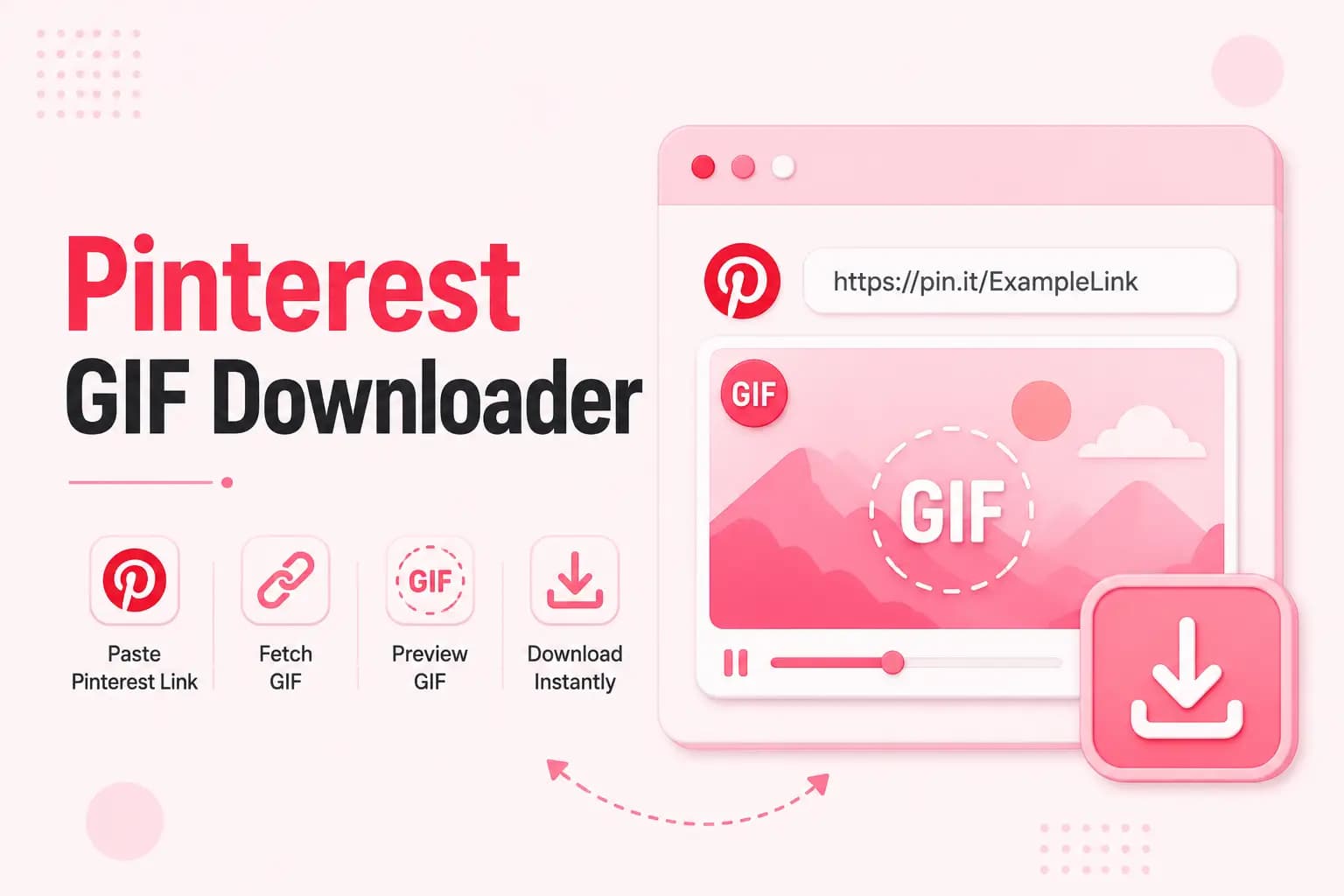 Pinterest GIF Downloader interface showing the paste-link, fetch, preview, and download steps