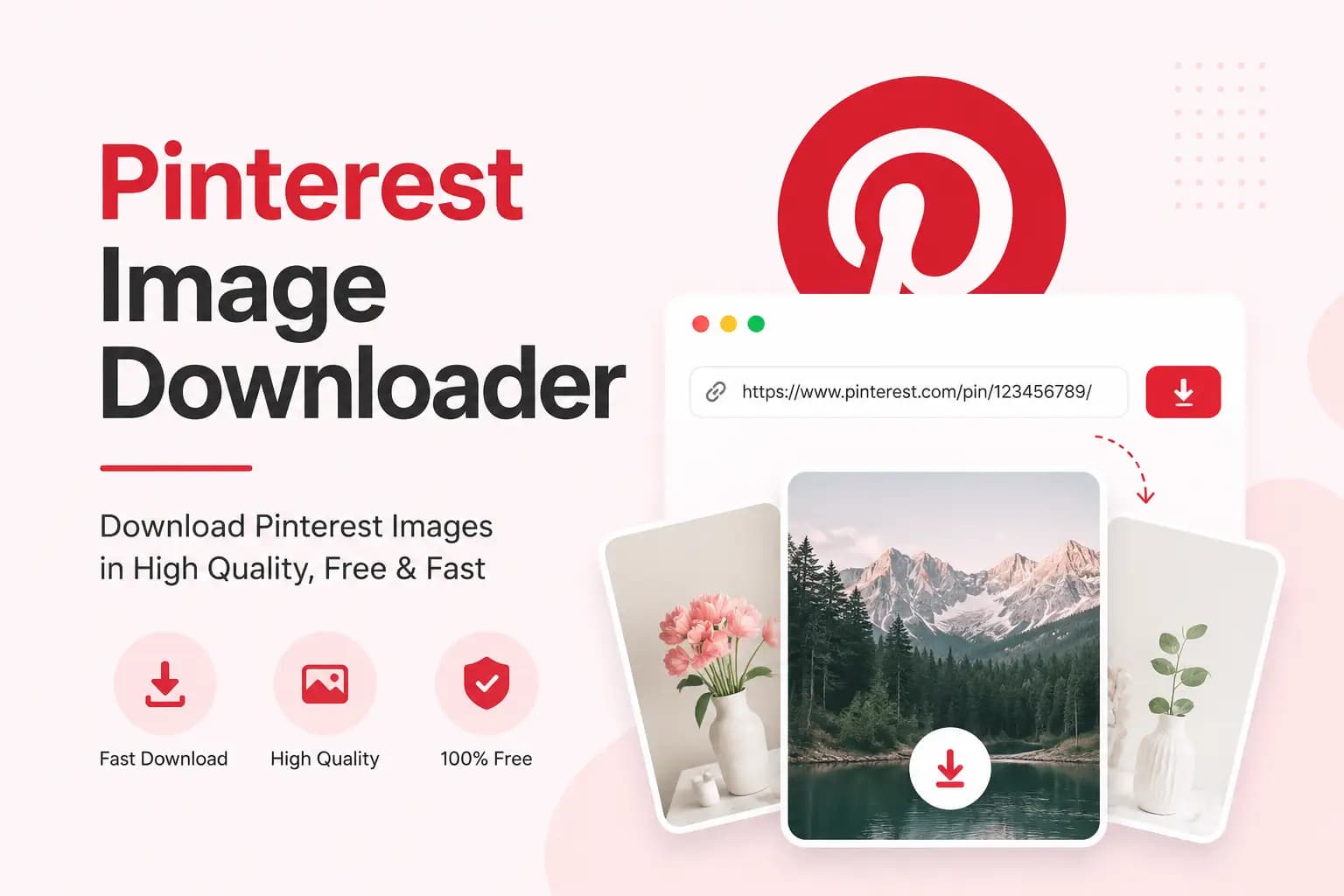 Pinterest Image Downloader interface showing a Pin link input and downloadable photo previews